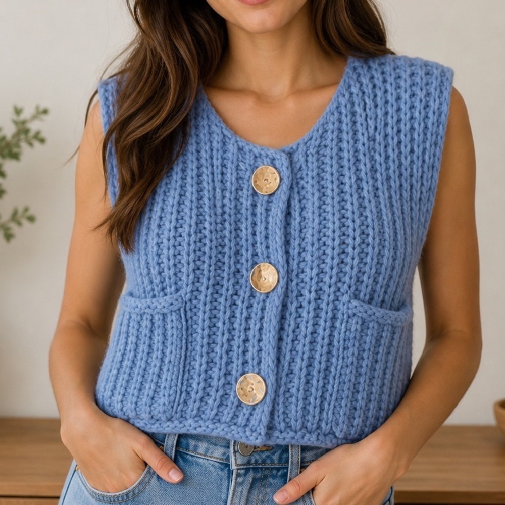 ZARA Blue Knit Vest Cardigan‎ Button Front Pockets Size S x2